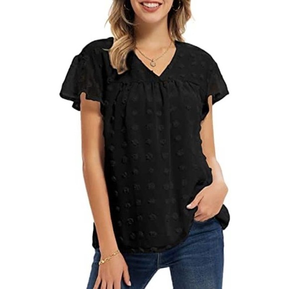 Shein‎ BABYDOLL V-NECK SWISS DOT FLOUNCE SLEEVE CHIFFON BLOUSE BLACK SIZE 4 EUC - Picture 1 of 10